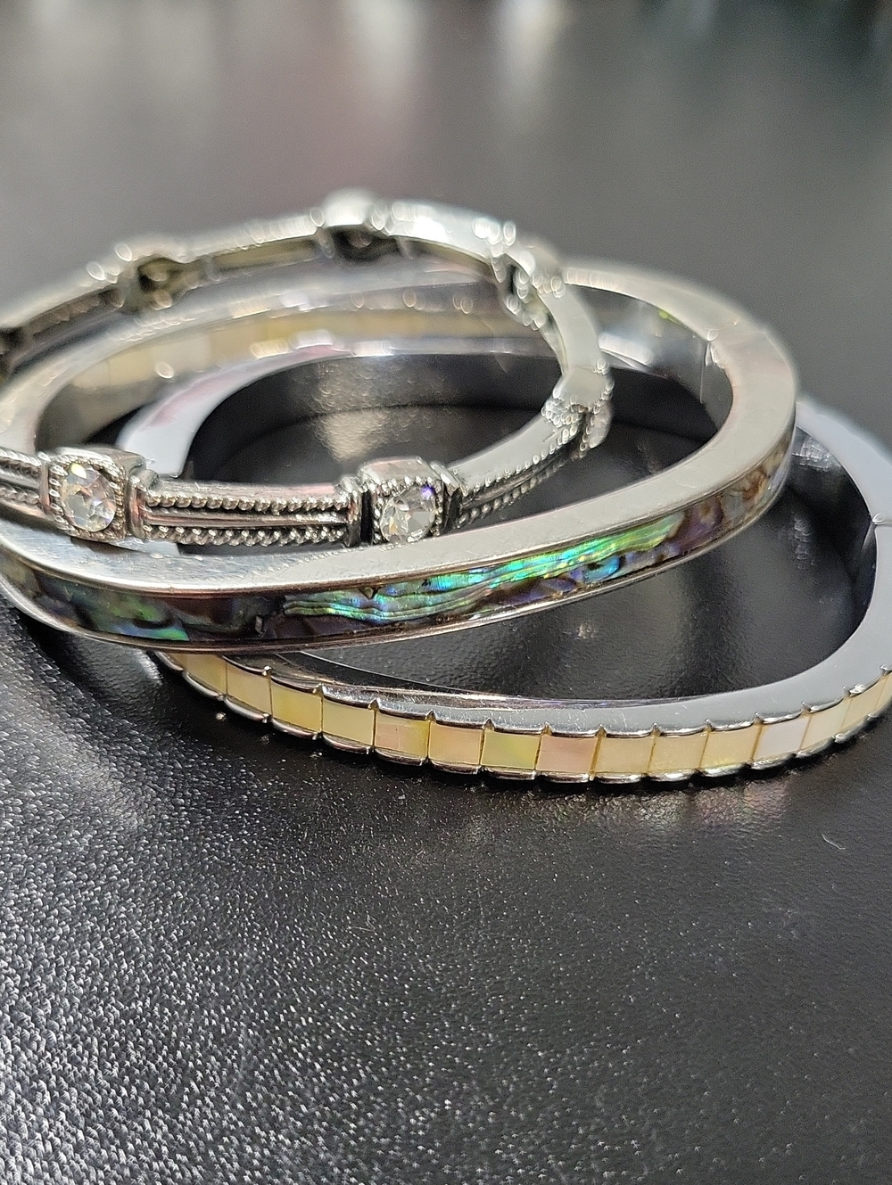 Silver Tone Abalone Inlay & Crystal Stackable Bracelets - Women